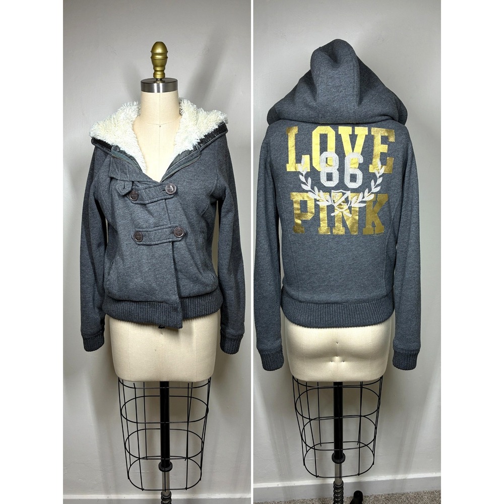 Vintage Y2K Victorias Secret PINK Sherpa Fur Lined Hoodie Jacket Small Gray Gold